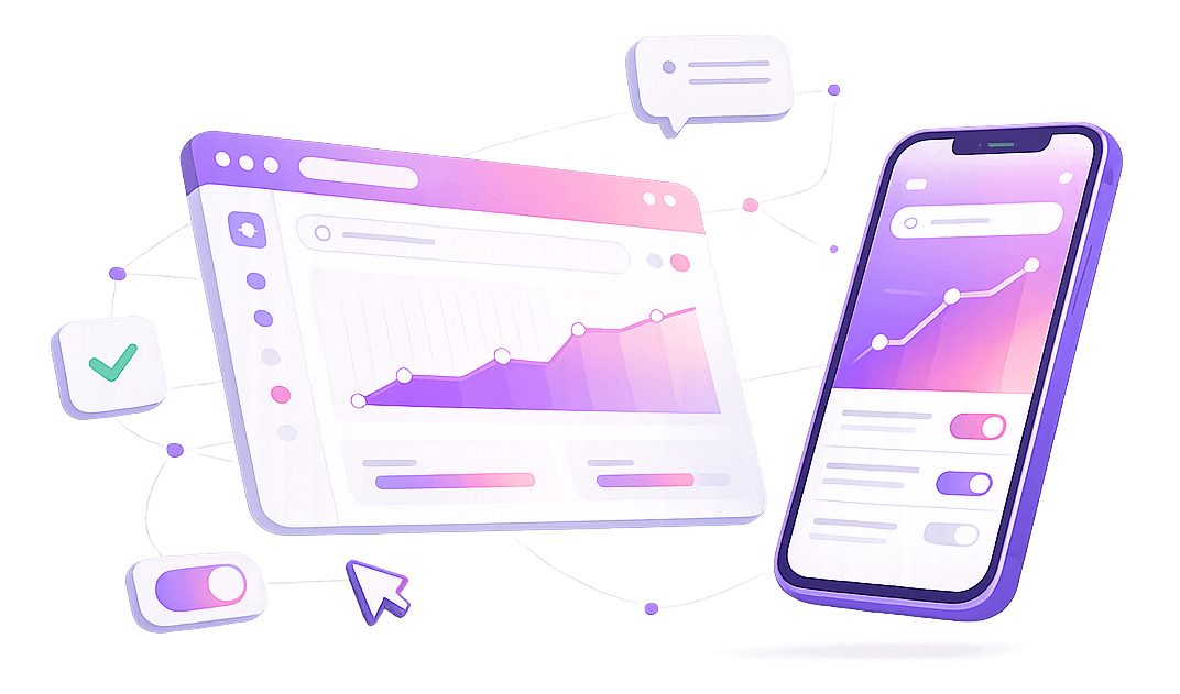 Illustration of a web dashboard and mobile app interface