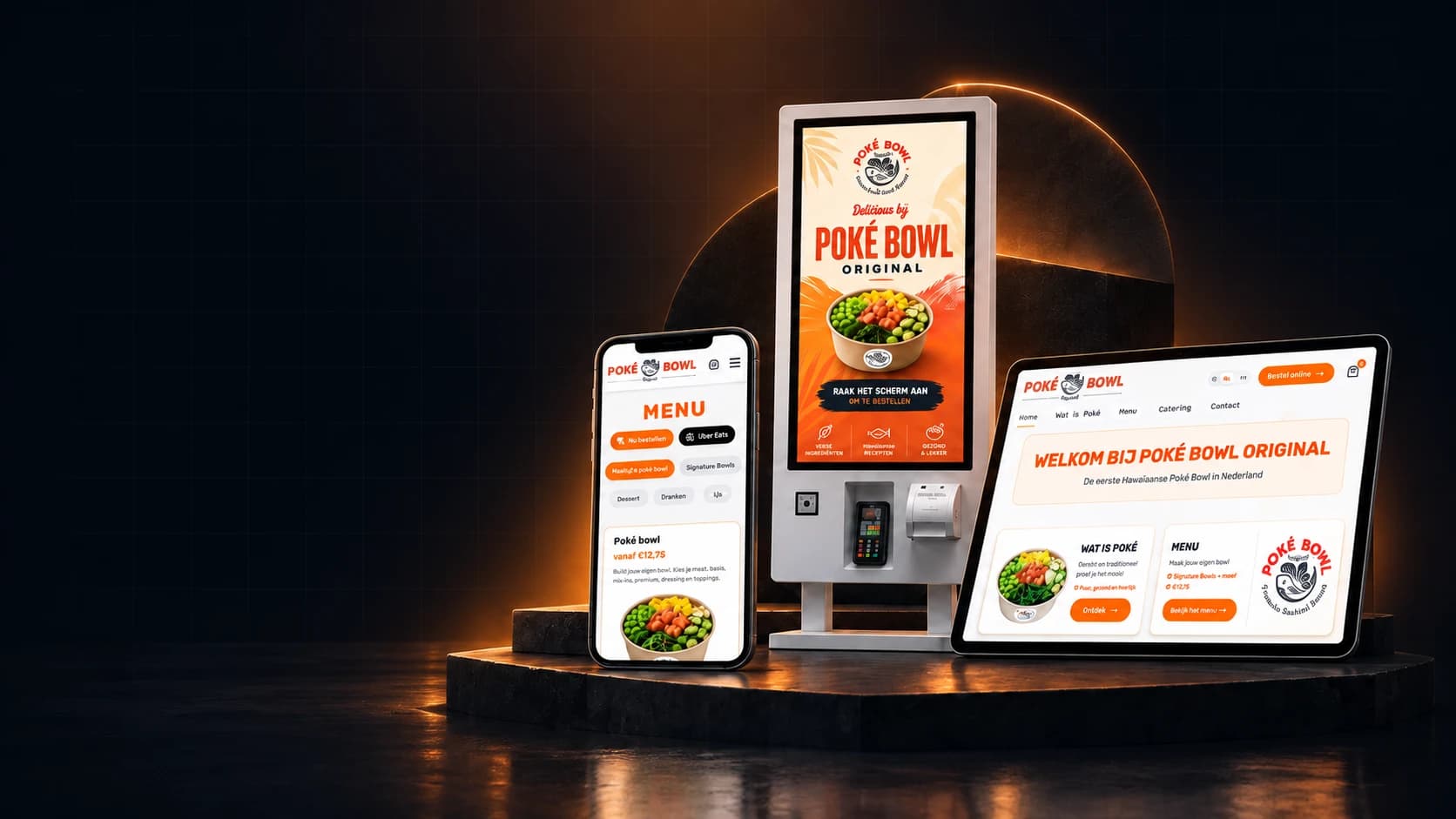 Poké Bowl Original: zelfbedieningskiosk, bestelwebsite en mobiele bestelpagina